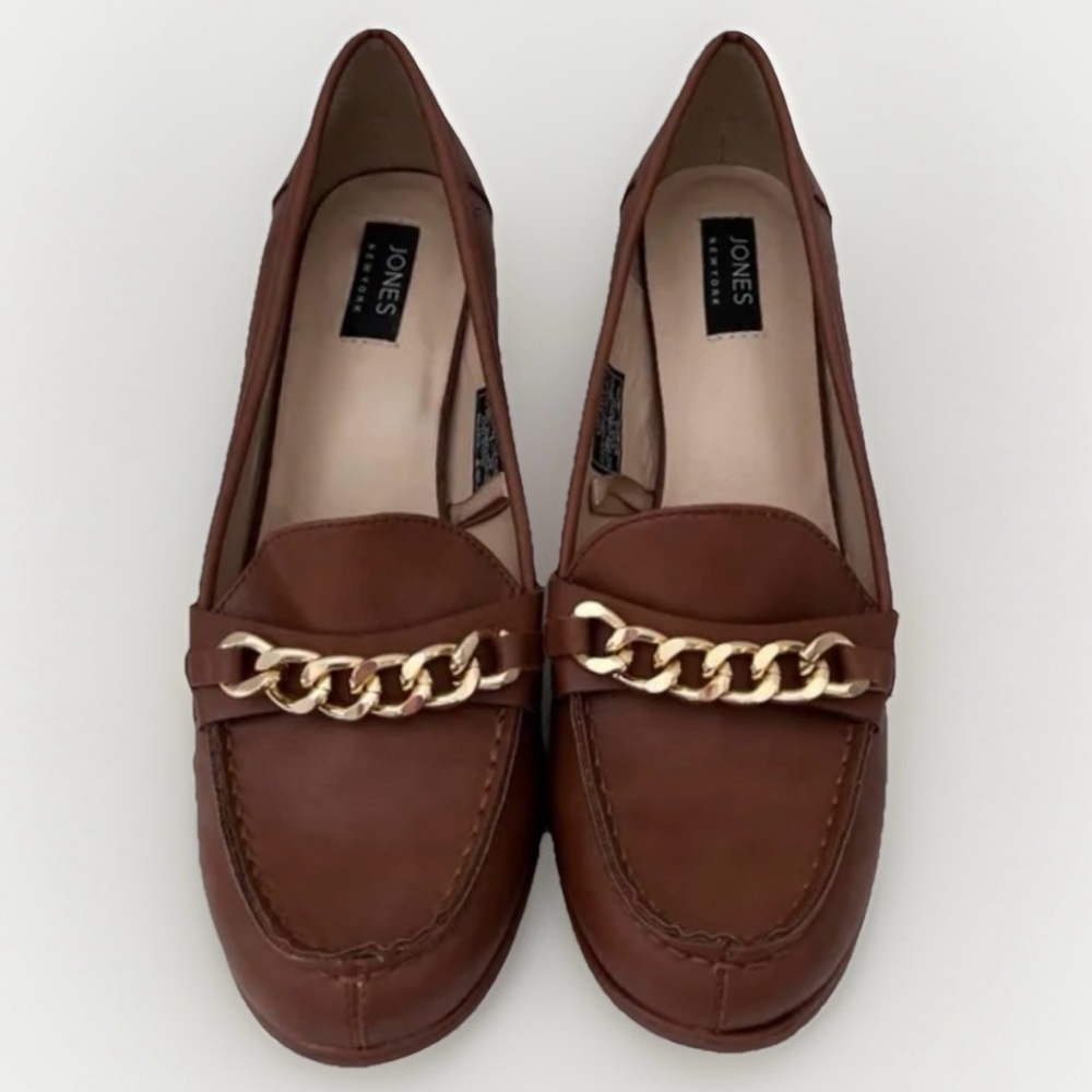 Jones New York Ciry 3” Block Heels Round Toe Loafers Women’s Sz 5.5 Tan‎ Dressy